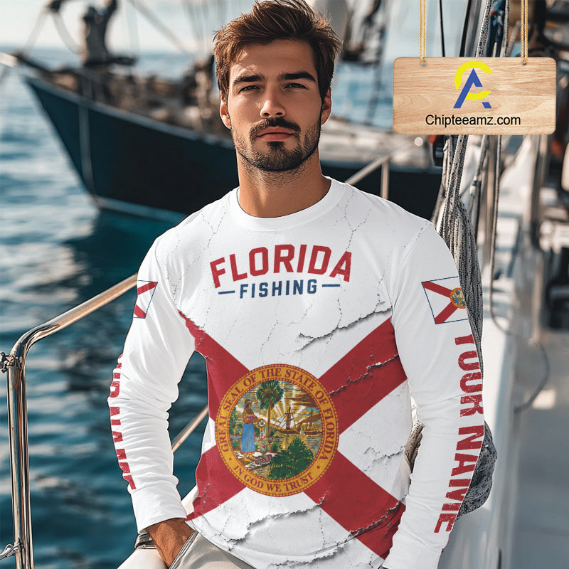 Florida Fishing Shirt Patriotic Florida Flag Long Sleeve UV Protection Fishing Jersey