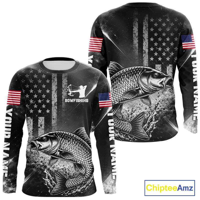 American Flag Bowfishing Shirt With Carp Design, Fishing Shirts Long Sleeve For Men NHT1369
