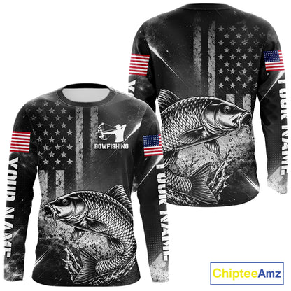 American Flag Bowfishing Shirt With Carp Design, Fishing Shirts Long Sleeve For Men NHT1369