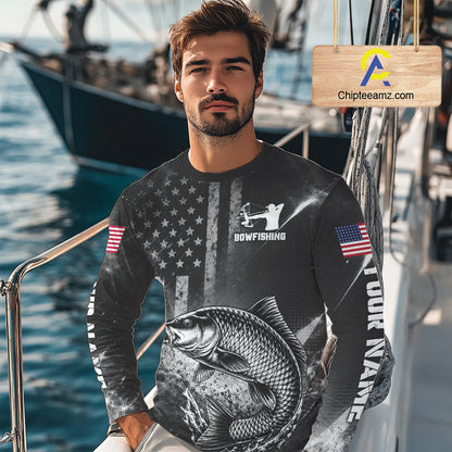 American Flag Bowfishing Shirt With Carp Design, Fishing Shirts Long Sleeve For Men NHT1369