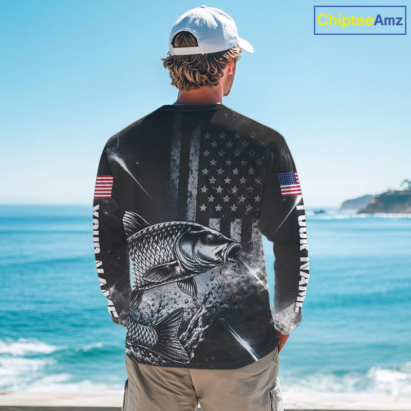 American Flag Bowfishing Shirt With Carp Design, Fishing Shirts Long Sleeve For Men NHT1369