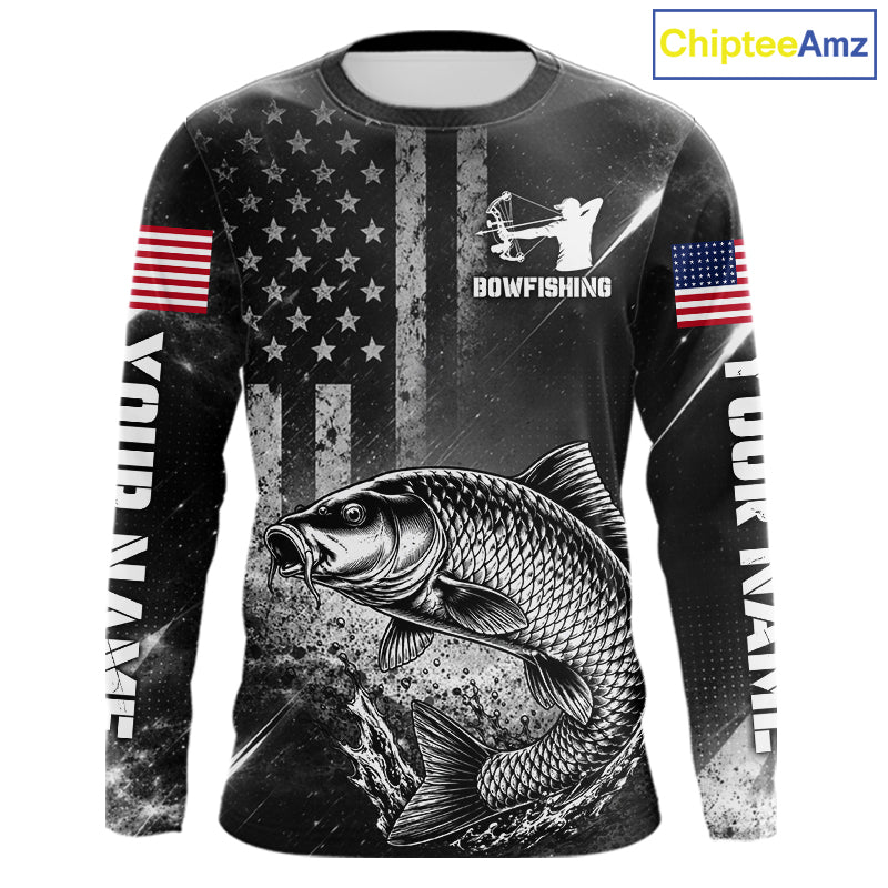 American Flag Bowfishing Shirt With Carp Design, Fishing Shirts Long Sleeve For Men NHT1369