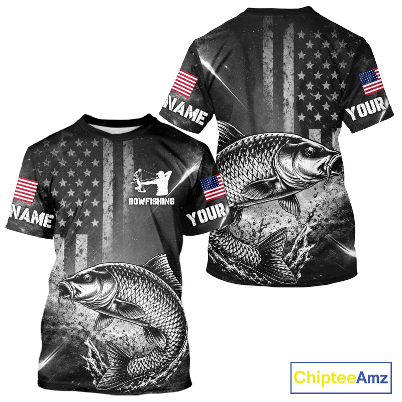American Flag Bowfishing Shirt With Carp Design, Fishing Shirts Short Sleeve For Men NHT1369
