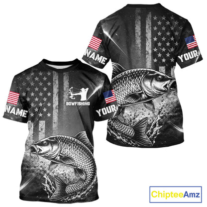 American Flag Bowfishing Shirt With Carp Design, Fishing Shirts Short Sleeve For Men NHT1369