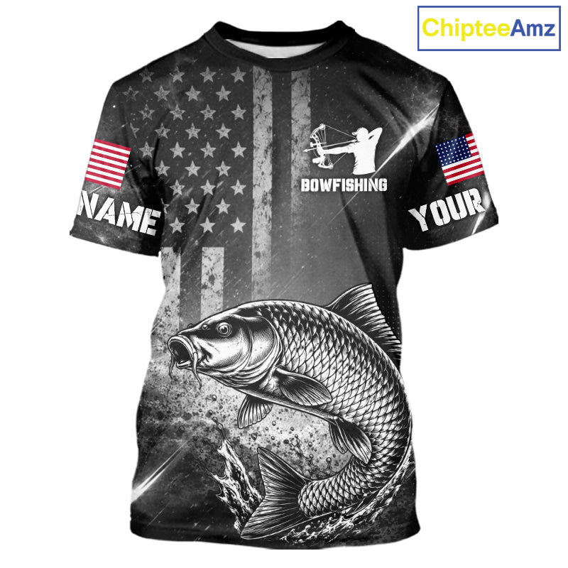 American Flag Bowfishing Shirt With Carp Design, Fishing Shirts Short Sleeve For Men NHT1369
