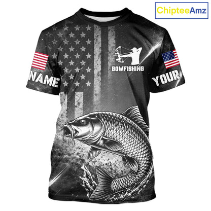 American Flag Bowfishing Shirt With Carp Design, Fishing Shirts Short Sleeve For Men NHT1369