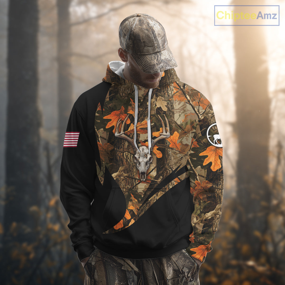 Deer Hunting Shirt 3D Autumn Camo Custom Name With Deer Skull Whitetail And US Flag NHT223