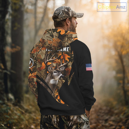 Deer Hunting Shirt 3D Autumn Camo Custom Name With Deer Skull Whitetail And US Flag NHT223