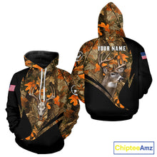 Load image into Gallery viewer, Deer Hunting Shirt 3D Autumn Camo Custom Name With Deer Skull Whitetail And US Flag NHT223