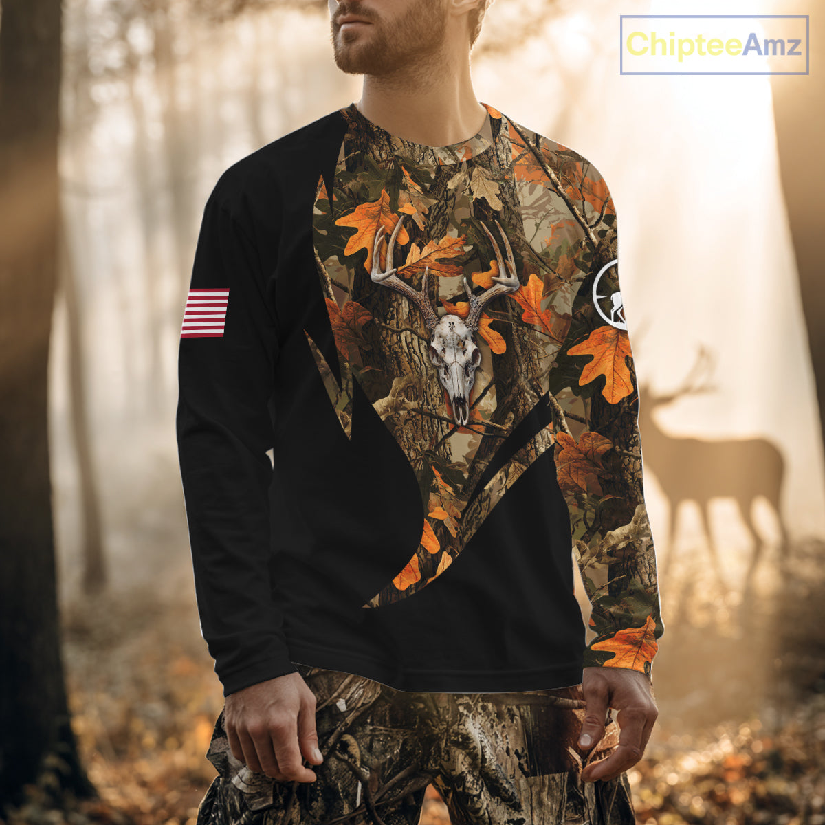 Deer Hunting Shirt 3D Autumn Camo Custom Name With Deer Skull Whitetail And US Flag NHT223
