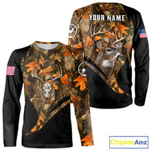 Load image into Gallery viewer, Deer Hunting Shirt 3D Autumn Camo Custom Name With Deer Skull Whitetail And US Flag NHT223