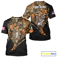 Load image into Gallery viewer, Deer Hunting Shirt 3D Autumn Camo Custom Name With Deer Skull Whitetail And US Flag NHT223