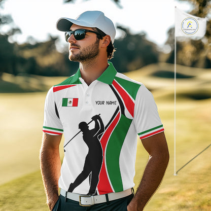Mexican Flag White Golf Pattern Mens Polo Shirt Patriotic Mens Golf Shirt Mexico Golf Gifts NHT737