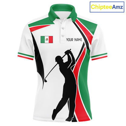 Mexican Flag White Golf Pattern Mens Polo Shirt Patriotic Mens Golf Shirt Mexico Golf Gifts NHT737