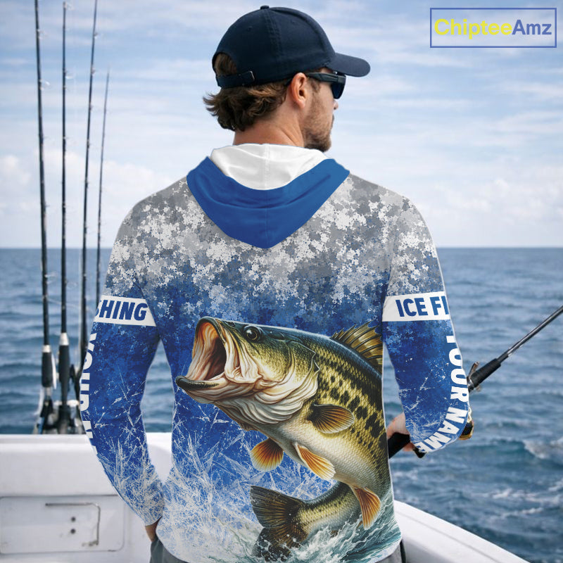 Ice Fishing Shirt With Largemouth Bass & Winter Camo Design, Fishing Shirts Hooded Long Sleeve For Men NHT1373