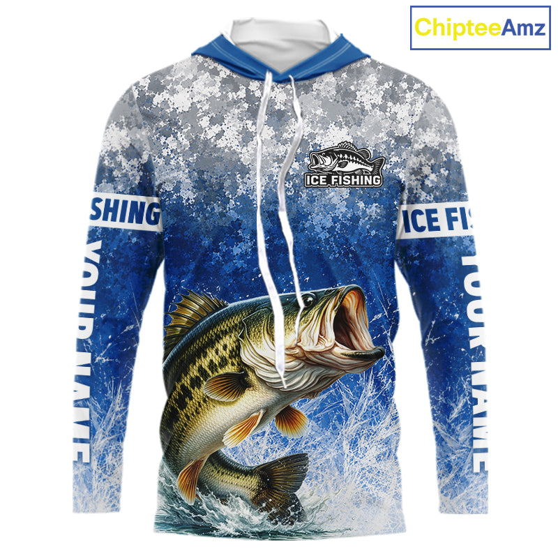 Ice Fishing Shirt With Largemouth Bass & Winter Camo Design, Fishing Shirts Hooded Long Sleeve For Men NHT1373