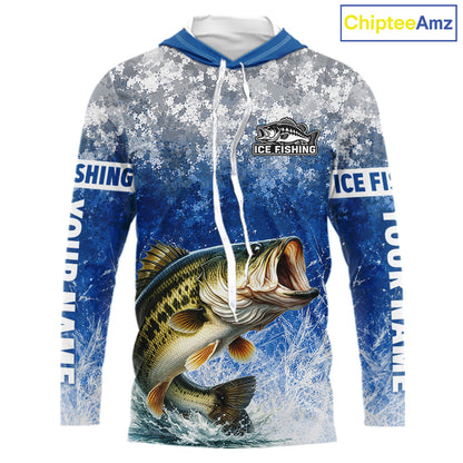 Ice Fishing Shirt With Largemouth Bass & Winter Camo Design, Fishing Shirts Hooded Long Sleeve For Men NHT1373