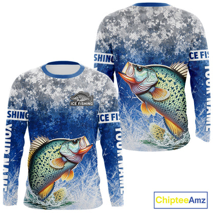 Ice Fishing Shirt With Crappie & Winter Camo Design, Fishing Shirts Long Sleeve For Men NHT1374
