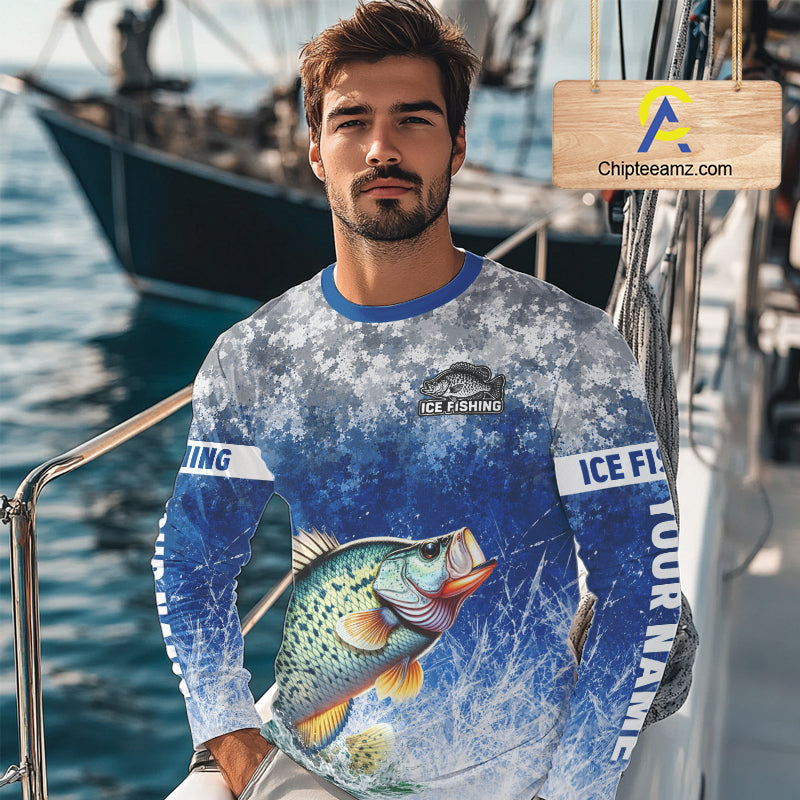 Ice Fishing Shirt With Crappie & Winter Camo Design, Fishing Shirts Long Sleeve For Men NHT1374