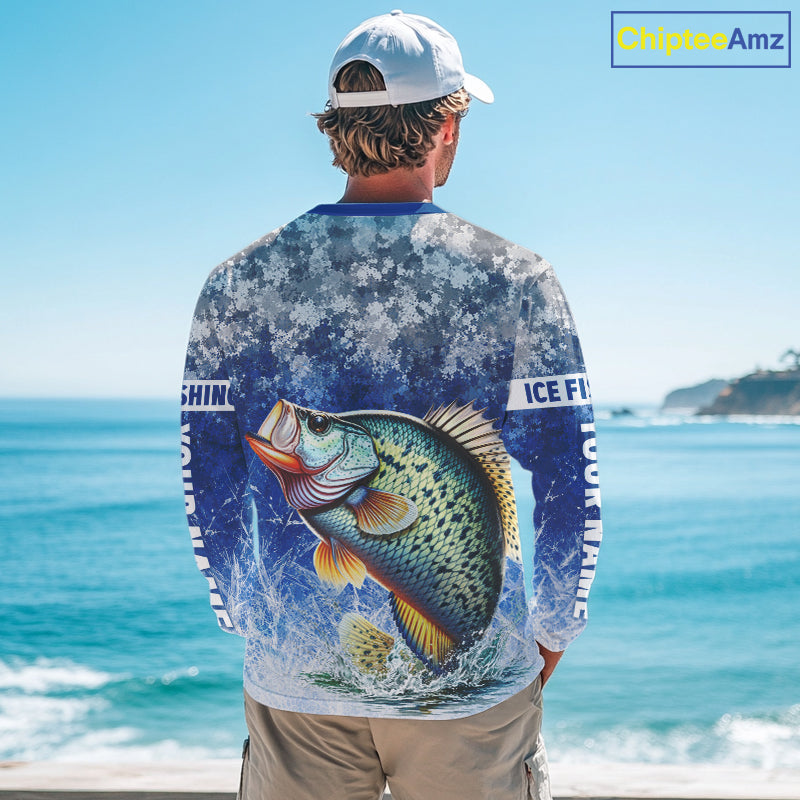 Ice Fishing Shirt With Crappie & Winter Camo Design, Fishing Shirts Long Sleeve For Men NHT1374