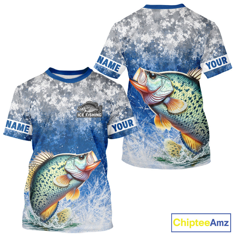 Ice Fishing Shirt With Crappie & Winter Camo Design, Fishing Shirts Short Sleeve For Men NHT1374
