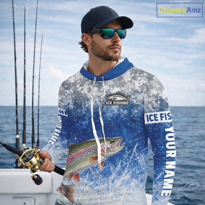 Ice Fishing Shirt With Rainbow Trout & Winter Camo Design, Fishing Shirt Hooded Long Sleeve For Men NHT1375