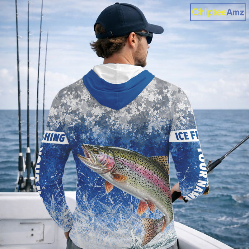 Ice Fishing Shirt With Rainbow Trout & Winter Camo Design, Fishing Shirt Hooded Long Sleeve For Men NHT1375