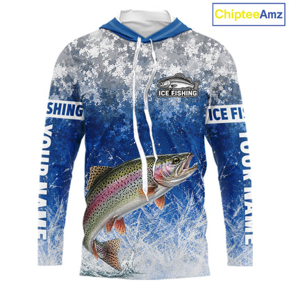 Ice Fishing Shirt With Rainbow Trout & Winter Camo Design, Fishing Shirt Hooded Long Sleeve For Men NHT1375
