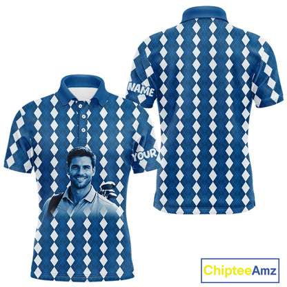 Mens Golf Polo Shirt Custom Photo Face Blue Argyle Plaid Pattern, Father's Day Golfing Gifts NHT742
