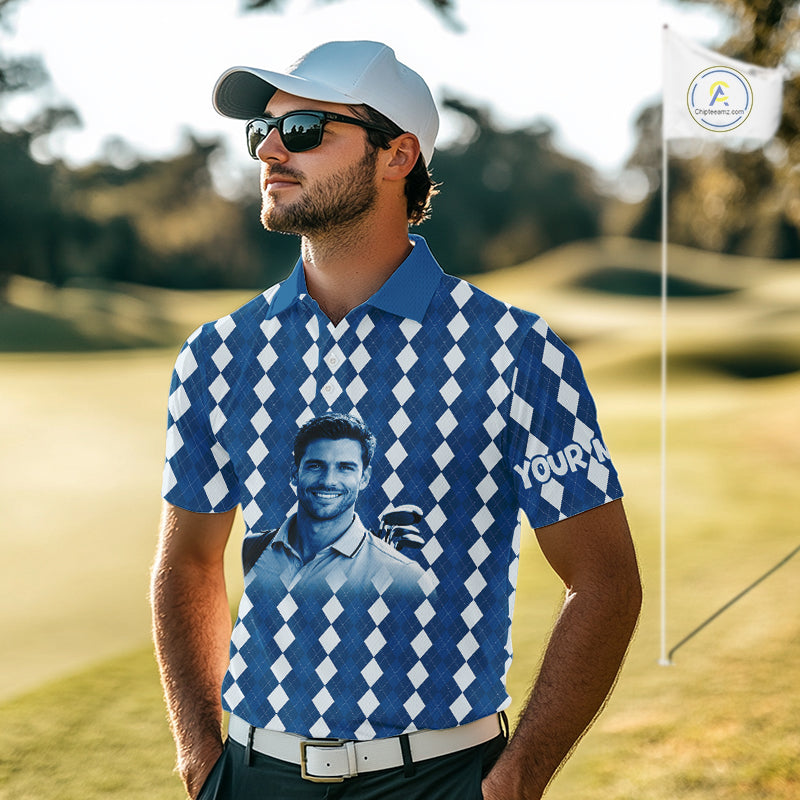 Mens Golf Polo Shirt Custom Photo Face Blue Argyle Plaid Pattern, Father's Day Golfing Gifts NHT742