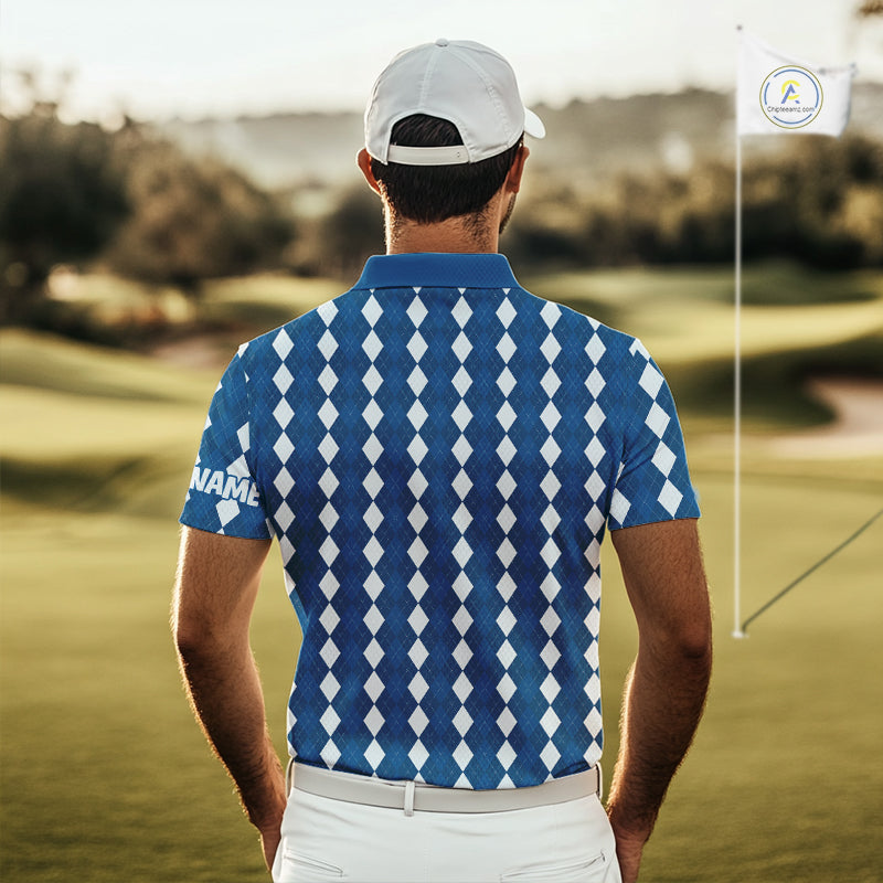 Mens Golf Polo Shirt Custom Photo Face Blue Argyle Plaid Pattern, Father's Day Golfing Gifts NHT742