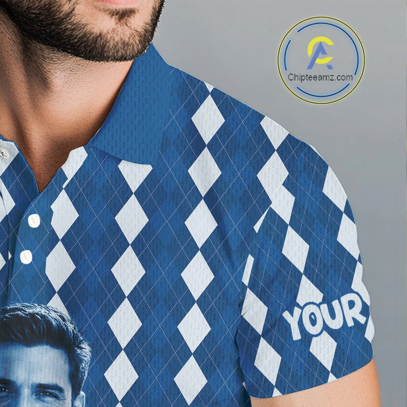 Mens Golf Polo Shirt Custom Photo Face Blue Argyle Plaid Pattern, Father's Day Golfing Gifts NHT742