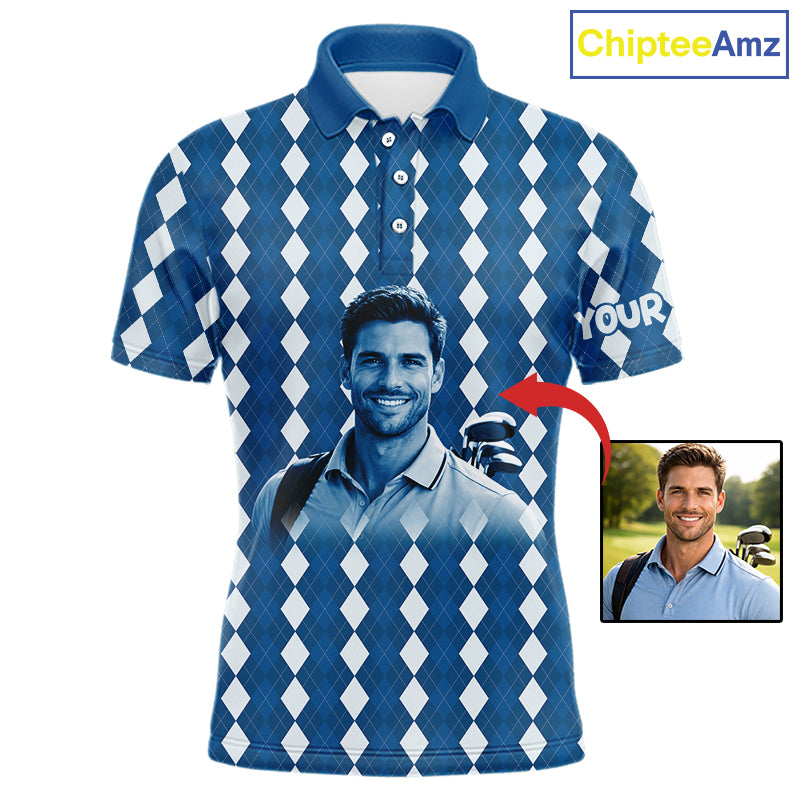 Mens Golf Polo Shirt Custom Photo Face Blue Argyle Plaid Pattern, Father's Day Golfing Gifts NHT742