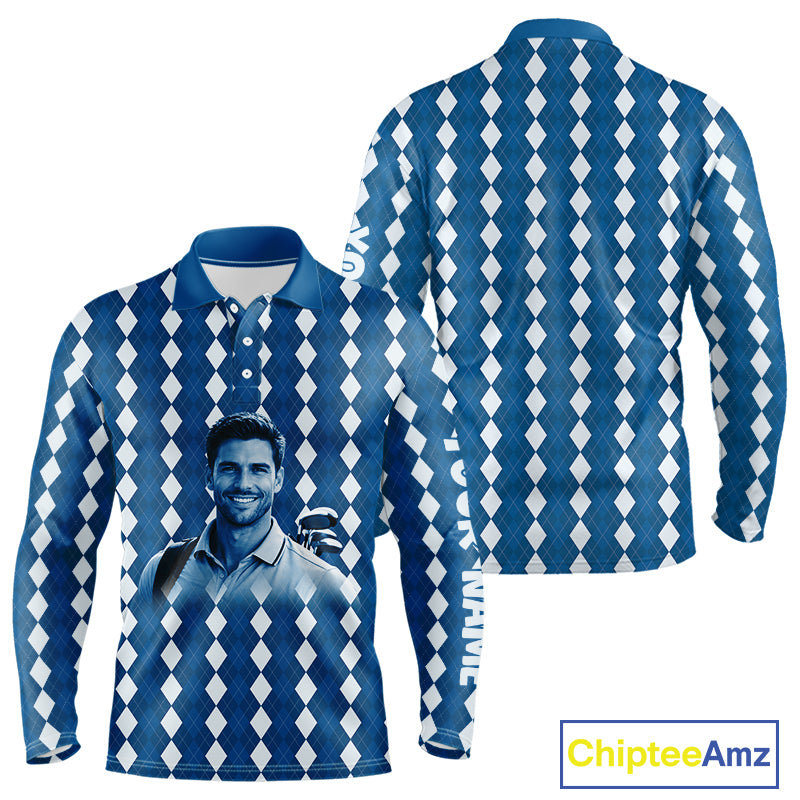 Mens Golf Polo Shirt Custom Photo Face Blue Argyle Plaid Pattern, Father's Day Golfing Gifts NHT742