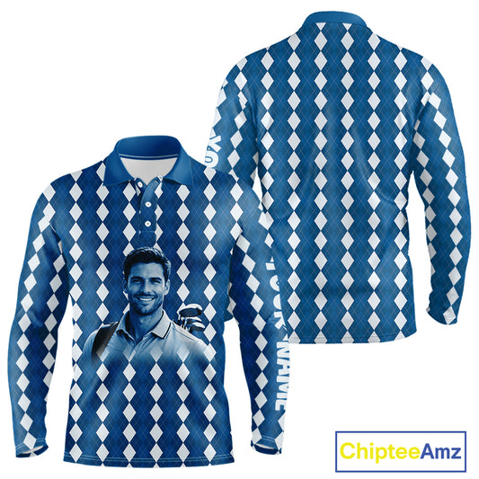 Mens Golf Polo Shirt Custom Photo Face Blue Argyle Plaid Pattern, Father's Day Golfing Gifts NHT742
