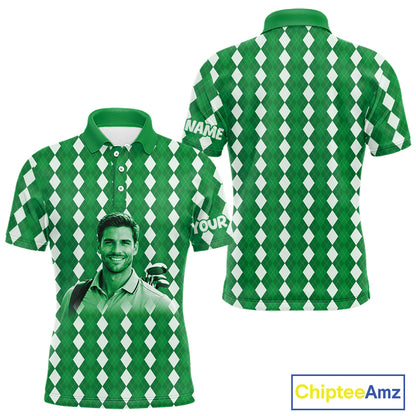 Mens Golf Polo Shirt Custom Photo Face Green Argyle Plaid Pattern, Father's Day Golfing Gifts NHT743