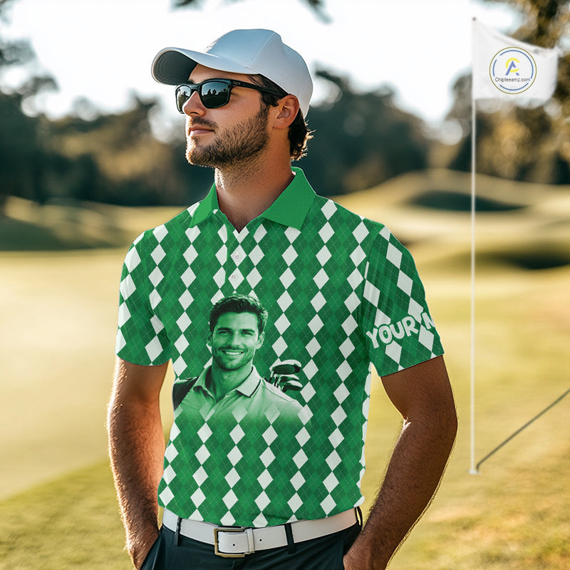 Mens Golf Polo Shirt Custom Photo Face Green Argyle Plaid Pattern, Father's Day Golfing Gifts NHT743