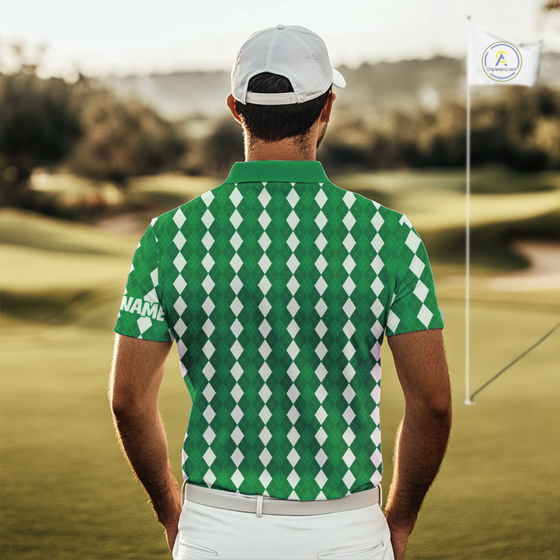 Mens Golf Polo Shirt Custom Photo Face Green Argyle Plaid Pattern, Father's Day Golfing Gifts NHT743