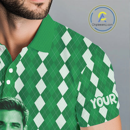 Mens Golf Polo Shirt Custom Photo Face Green Argyle Plaid Pattern, Father's Day Golfing Gifts NHT743