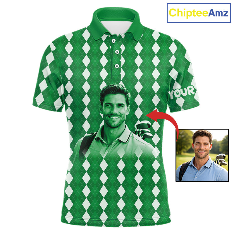 Mens Golf Polo Shirt Custom Photo Face Green Argyle Plaid Pattern, Father's Day Golfing Gifts NHT743