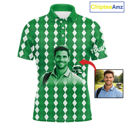Mens Golf Polo Shirt Custom Photo Face Green Argyle Plaid Pattern, Father's Day Golfing Gifts NHT743
