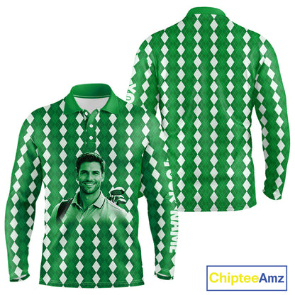 Mens Golf Polo Shirt Custom Photo Face Green Argyle Plaid Pattern, Father's Day Golfing Gifts NHT743