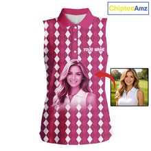 Load image into Gallery viewer, Sleeveless Womens Golf Polo Shirt Custom Photo Face Pink Argyle Plaid Pattern, Mother's Day Golfing Gifts NHT744