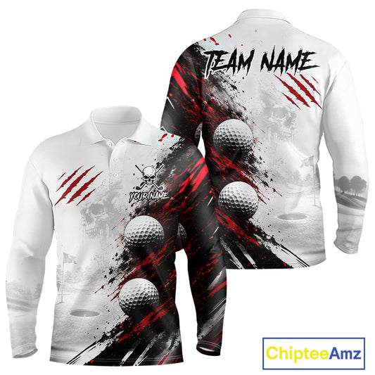 Front and back views of a long-sleeve custom golf shirt on a white background. The shirt features a white base with a black and red graphic print of golf balls, splatters, skulls, and claw marks, with placeholders for team name and personalization.