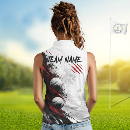 Personalized Skull Womens Sleeveless Golf Shirt Custom Name Family Team Outfits Cool Scratch Splatter Black Golf Polo NHT1239