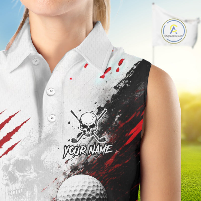Personalized Skull Womens Sleeveless Golf Shirt Custom Name Family Team Outfits Cool Scratch Splatter Black Golf Polo NHT1239