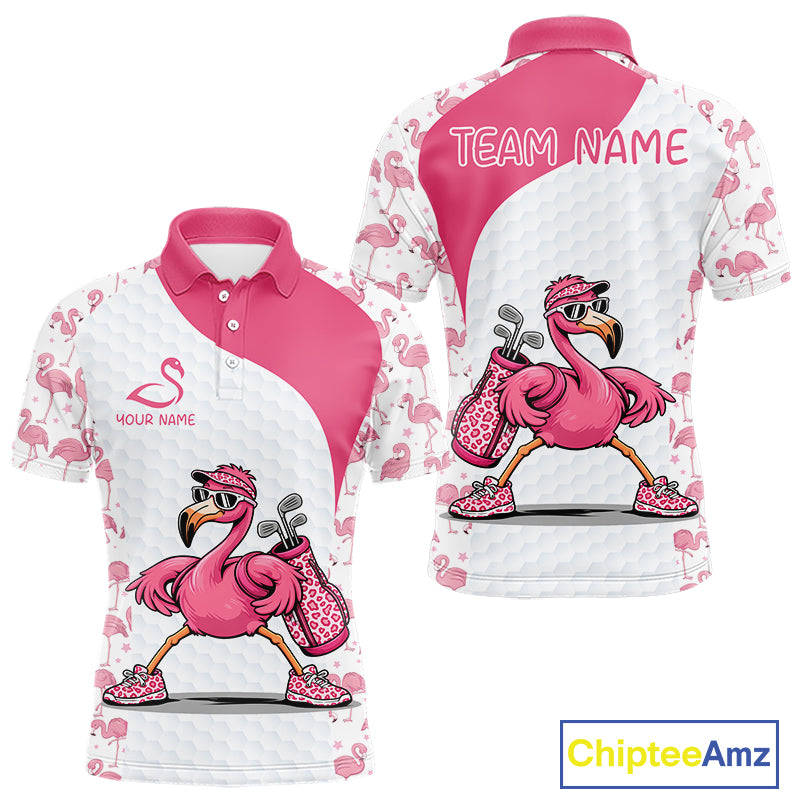 Funny Pink Flamingo Mens Golf Polo Shirt Custom Pink And White Golf Shirt For Team NHT545