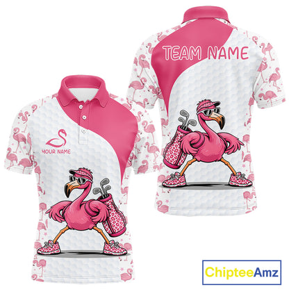 Funny Pink Flamingo Mens Golf Polo Shirt Custom Pink And White Golf Shirt For Team NHT545