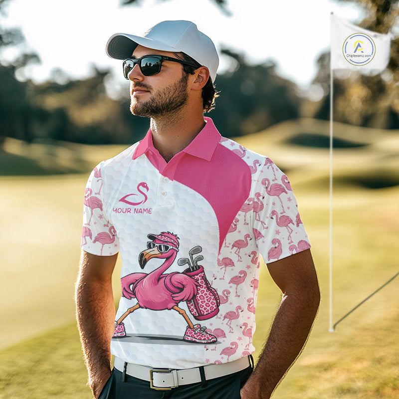 Funny Pink Flamingo Mens Golf Polo Shirt Custom Pink And White Golf Shirt For Team NHT545