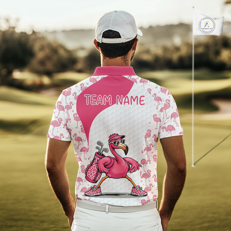 Funny Pink Flamingo Mens Golf Polo Shirt Custom Pink And White Golf Shirt For Team NHT545